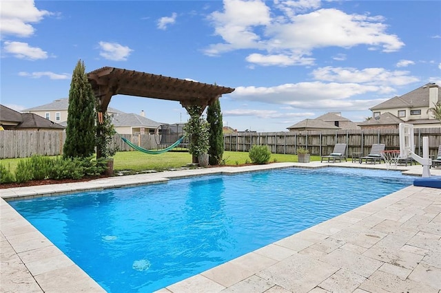 view of swimming pool featuring a fenced in pool, a fenced backyard, a playground, a yard, and a patio