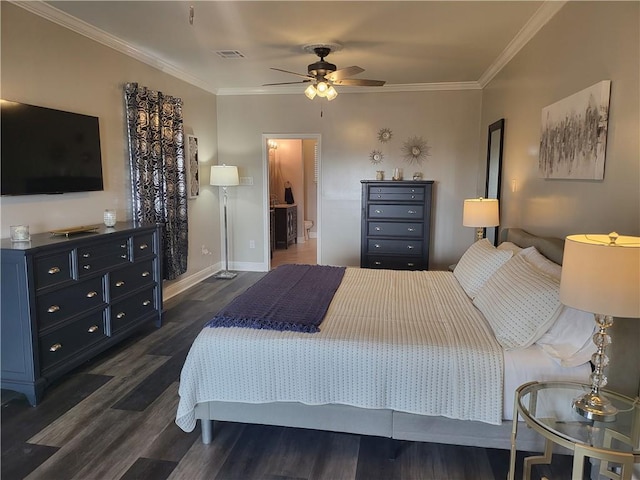 bedroom featuring visible vents, dark wood-style flooring, crown molding, and baseboards