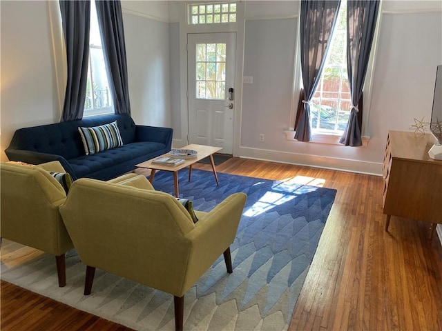 living room featuring wood-type flooring and baseboards