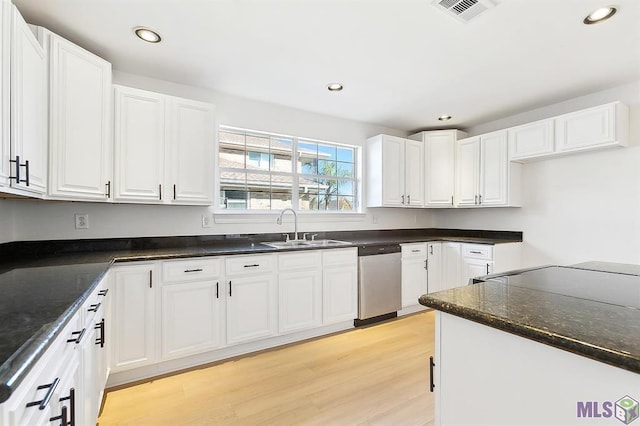kitchen with visible vents, dishwasher, and white cabinets