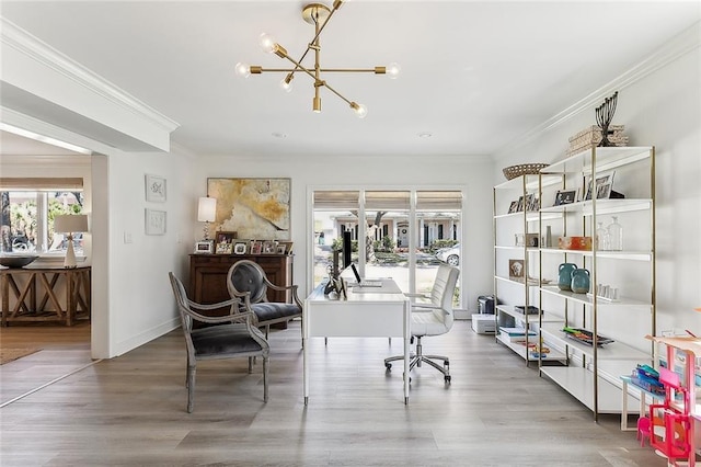 4524 Folse Dr, Metairie, LA 70006 - office area featuring a notable chandelier, ornamental molding, and wood finished floors