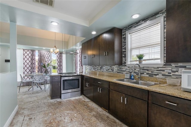 kitchen featuring stainless steel range with electric cooktop, dark brown cabinets, a sink, backsplash, and visible vents