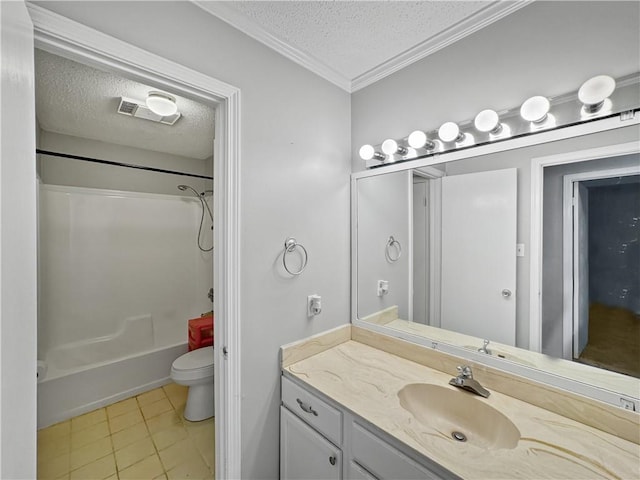 115 Spruce Cir, Slidell, LA 70458 - full bathroom featuring a textured ceiling, vanity, shower / washtub combination, tile patterned flooring, and ornamental molding