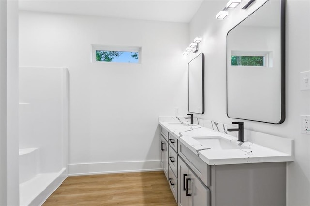 bathroom featuring baseboards, a sink, wood finished floors, and double vanity