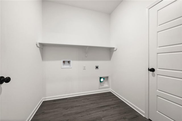 laundry room featuring laundry area, baseboards, dark wood-type flooring, and hookup for a washing machine