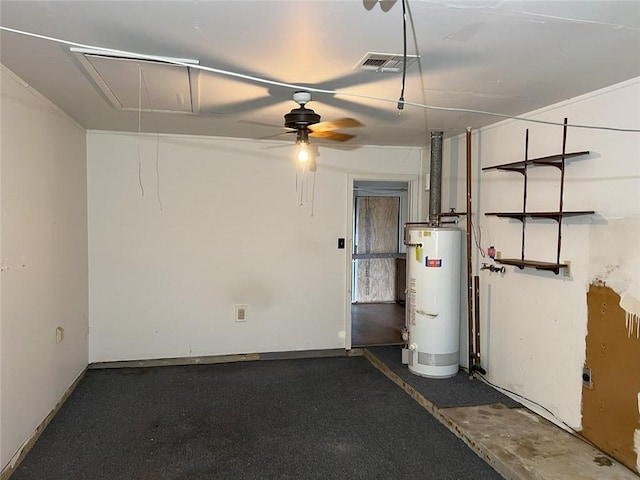 interior space featuring visible vents, ceiling fan, and gas water heater