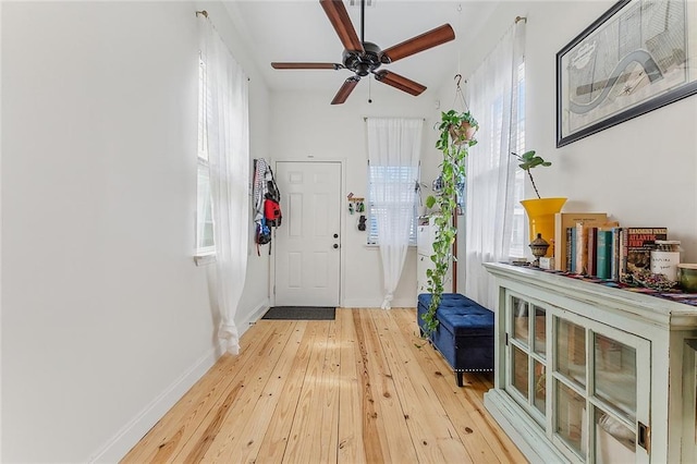 entryway with baseboards, plenty of natural light, and light wood finished floors
