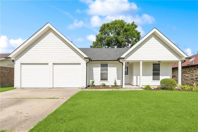 ranch-style home with a garage, a front lawn, roof with shingles, a porch, and driveway