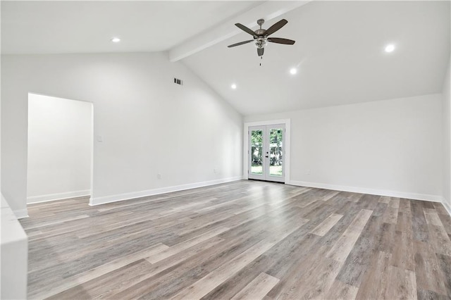 unfurnished living room featuring ceiling fan, beam ceiling, french doors, recessed lighting, and light wood-type flooring