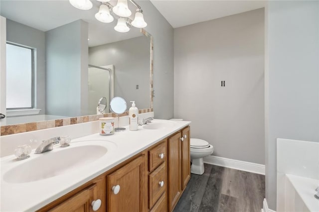 full bathroom featuring double vanity, a shower stall, a sink, and wood finished floors