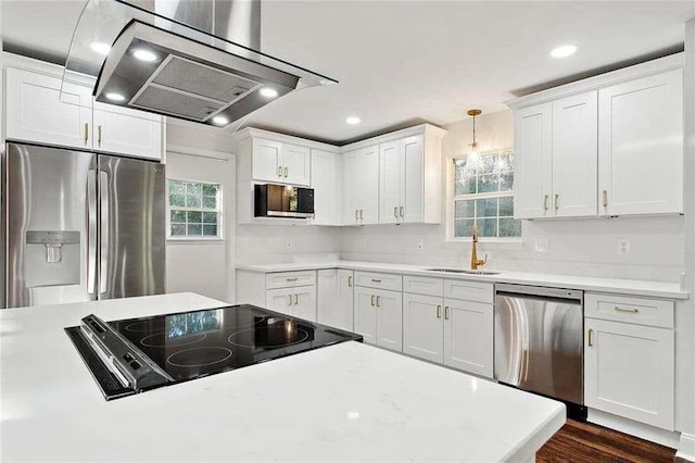 kitchen with a sink, wall chimney range hood, stainless steel appliances, and plenty of natural light