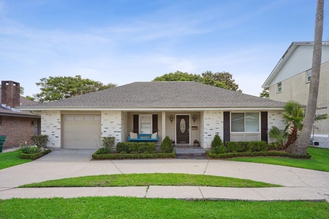 ranch-style house featuring concrete driveway, brick siding, an attached garage, and covered porch