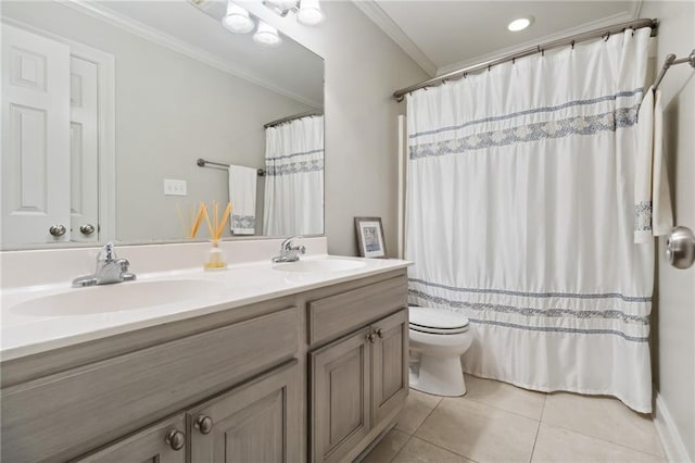 full bath with toilet, tile patterned floors, ornamental molding, and a sink