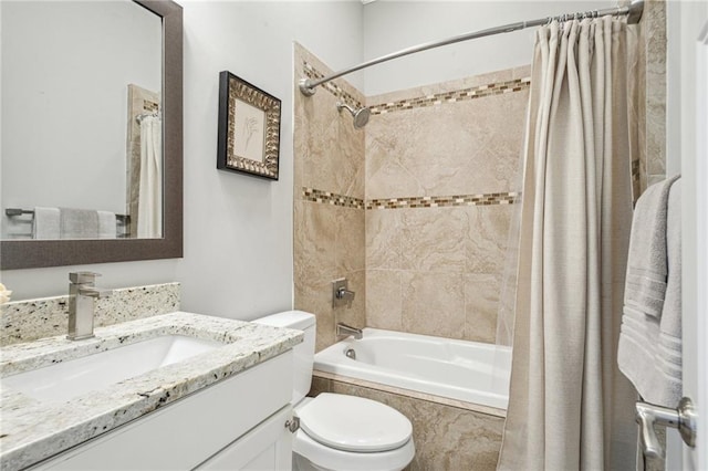full bath featuring vanity, toilet, and shower / bathtub combination with curtain