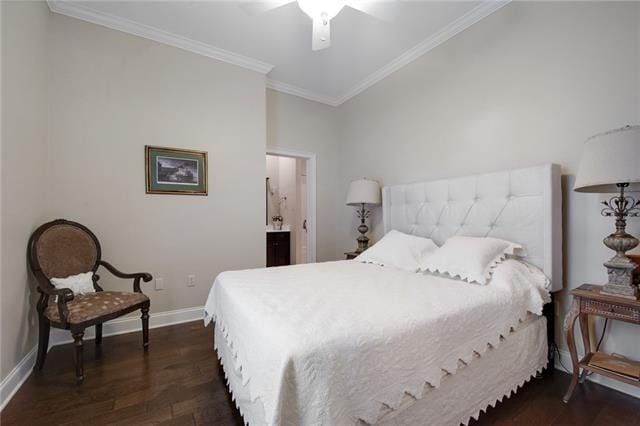 bedroom with crown molding, baseboards, a ceiling fan, and dark wood-type flooring