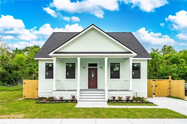 bungalow with covered porch, a gate, fence, a front lawn, and a shingled roof