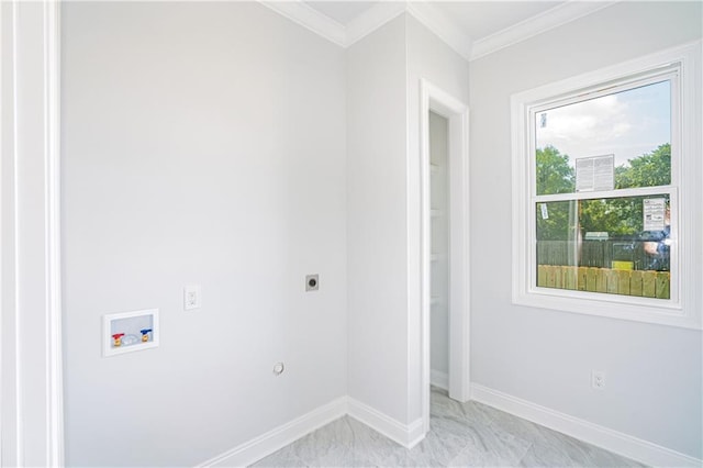 washroom featuring crown molding, marble finish floor, baseboards, hookup for a washing machine, and hookup for an electric dryer