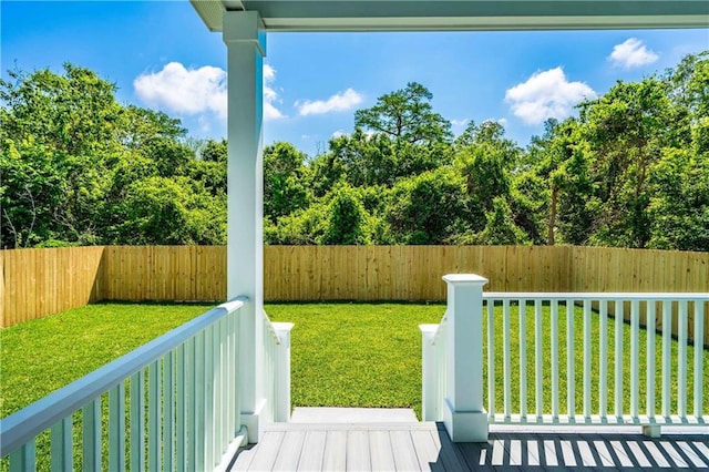 wooden deck featuring a lawn and a fenced backyard