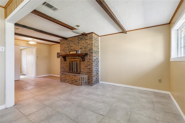 452 Maple Loop, La Place, LA 70068 - unfurnished living room featuring a brick fireplace, beamed ceiling, visible vents, and baseboards