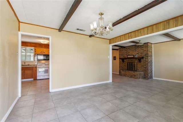 452 Maple Loop, La Place, LA 70068 - unfurnished living room featuring visible vents, an inviting chandelier, beam ceiling, a sink, and light tile patterned floors