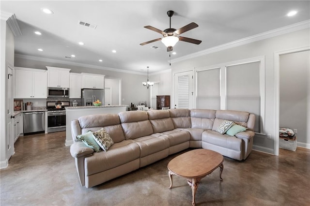 18203 Fox Hollow Loop, Hammond, LA 70401 - living area with visible vents, recessed lighting, finished concrete floors, and ceiling fan with notable chandelier