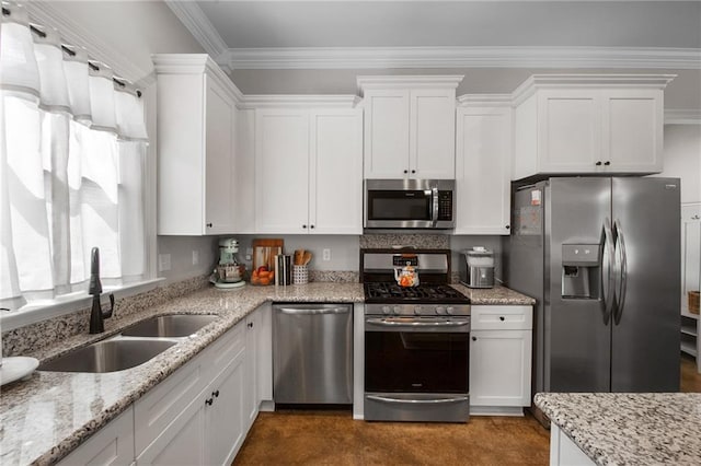 18203 Fox Hollow Loop, Hammond, LA 70401 - kitchen featuring crown molding, stainless steel appliances, white cabinetry, and a sink