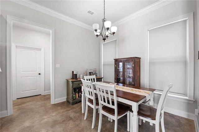 18203 Fox Hollow Loop, Hammond, LA 70401 - dining area featuring a notable chandelier, carpet, baseboards, visible vents, and ornamental molding