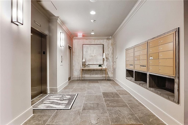 interior space with crown molding, baseboards, elevator, recessed lighting, and mail area