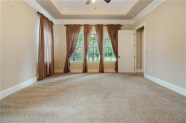empty room with light colored carpet, a raised ceiling, and crown molding