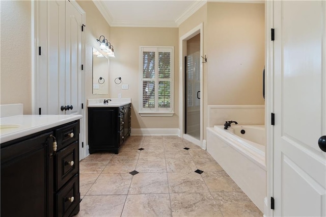 bathroom featuring a sink, two vanities, a shower stall, ornamental molding, and a garden tub