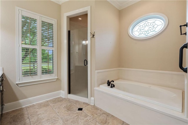 bathroom featuring a garden tub, a stall shower, vanity, baseboards, and ornamental molding
