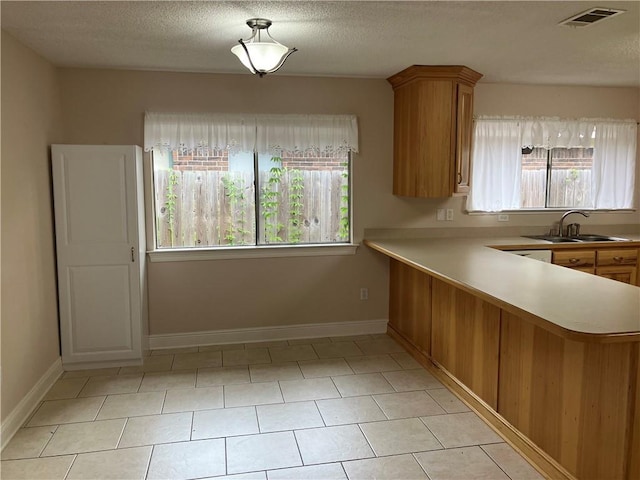 3837 Coventry St, Slidell, LA 70458 - kitchen with a sink, brown cabinetry, light countertops, baseboards, and a textured ceiling