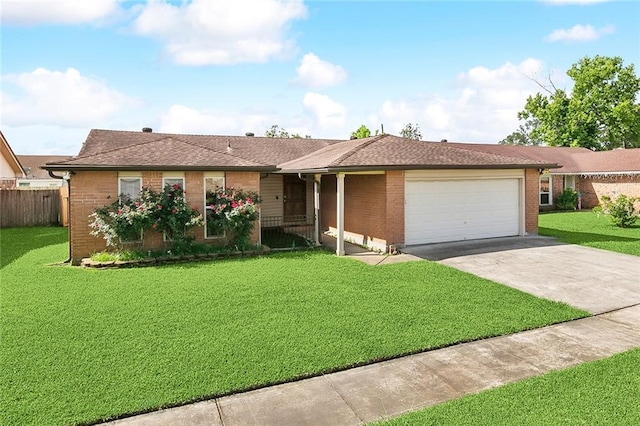 single story home featuring brick siding, an attached garage, driveway, and a front lawn
