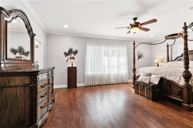 bedroom featuring ceiling fan, crown molding, baseboards, recessed lighting, and dark wood-type flooring