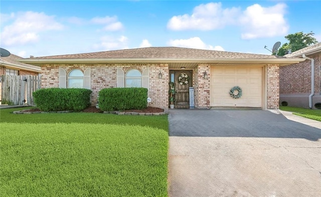 7160 E Renaissance Ct, New Orleans, LA 70128 - ranch-style house featuring driveway, a garage, brick siding, fence, and a front lawn