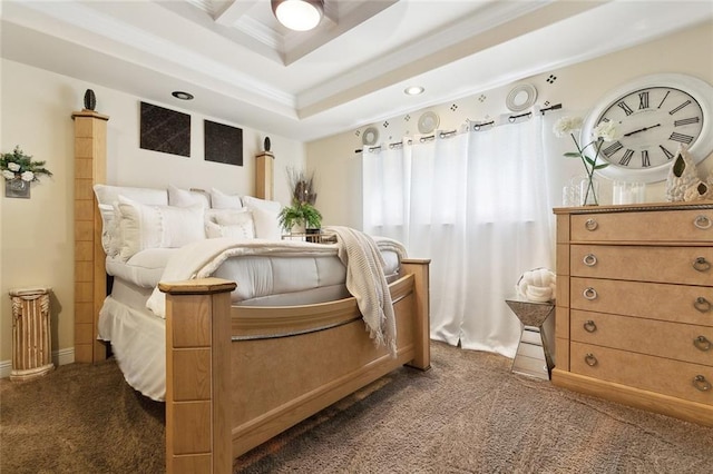 7160 E Renaissance Ct, New Orleans, LA 70128 - bedroom featuring dark colored carpet, recessed lighting, crown molding, and a tray ceiling