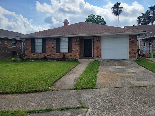 ranch-style house with an attached garage, a front lawn, brick siding, a chimney, and concrete driveway