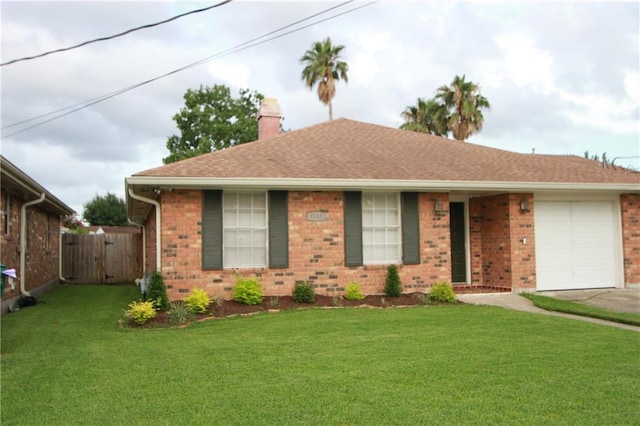 3513 Lemon St, Metairie, LA 70006 - ranch-style home with concrete driveway, a front lawn, brick siding, a chimney, and a garage