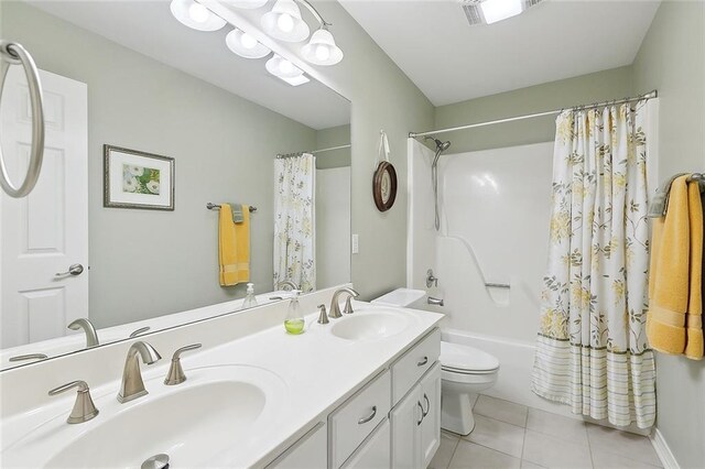 full bathroom with toilet, tile patterned flooring, double vanity, and shower / bathtub combination with curtain