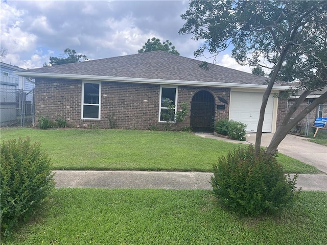 ranch-style house with brick siding, an attached garage, driveway, and a shingled roof