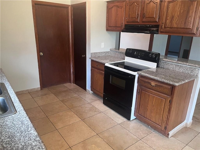 kitchen with black range with electric cooktop, ventilation hood, light tile patterned floors, and a sink