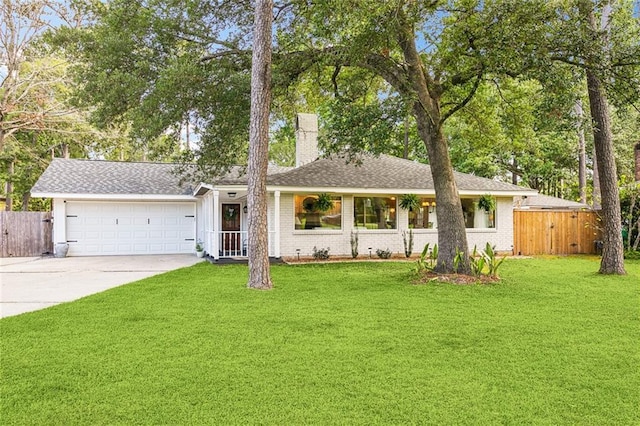 single story home featuring fence, driveway, a chimney, and a garage