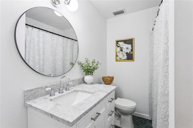 full bath featuring vanity, toilet, tile patterned floors, and visible vents