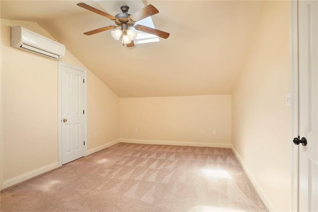 additional living space with vaulted ceiling, ceiling fan, an AC wall unit, and light colored carpet