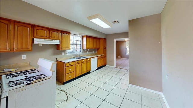 1336 Sere St, New Orleans, LA 70122 - kitchen featuring brown cabinets, a sink, white appliances, under cabinet range hood, and visible vents