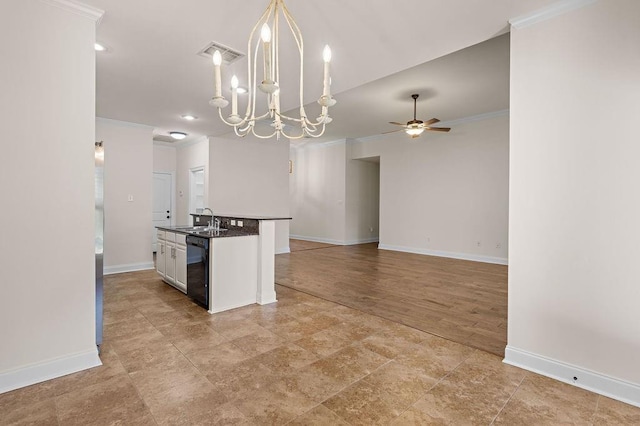 940 Woodsprings Ct, Covington, LA 70433 - kitchen featuring dishwasher, crown molding, a sink, ceiling fan, and baseboards
