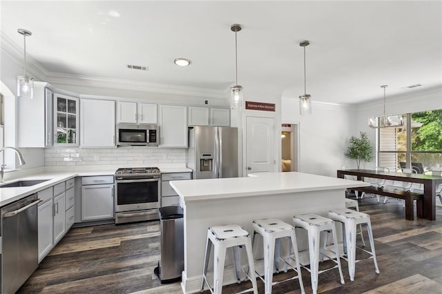 kitchen featuring a sink, stainless steel appliances, dark wood-style floors, and visible vents