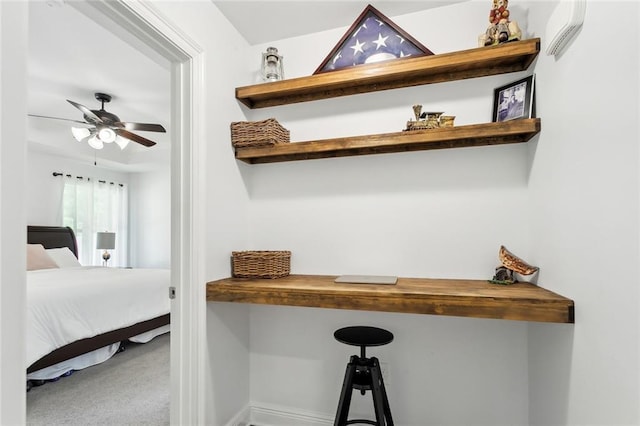 details featuring carpet flooring, ceiling fan, and a wall unit AC