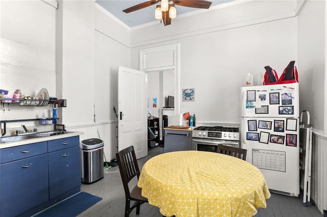 kitchen with crown molding, freestanding refrigerator, dark wood-style flooring, blue cabinets, and gas stove