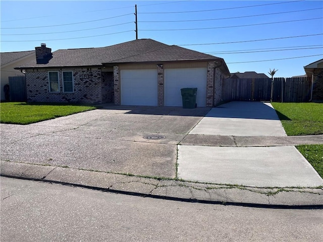 ranch-style house featuring fence, an attached garage, a front lawn, brick siding, and concrete driveway